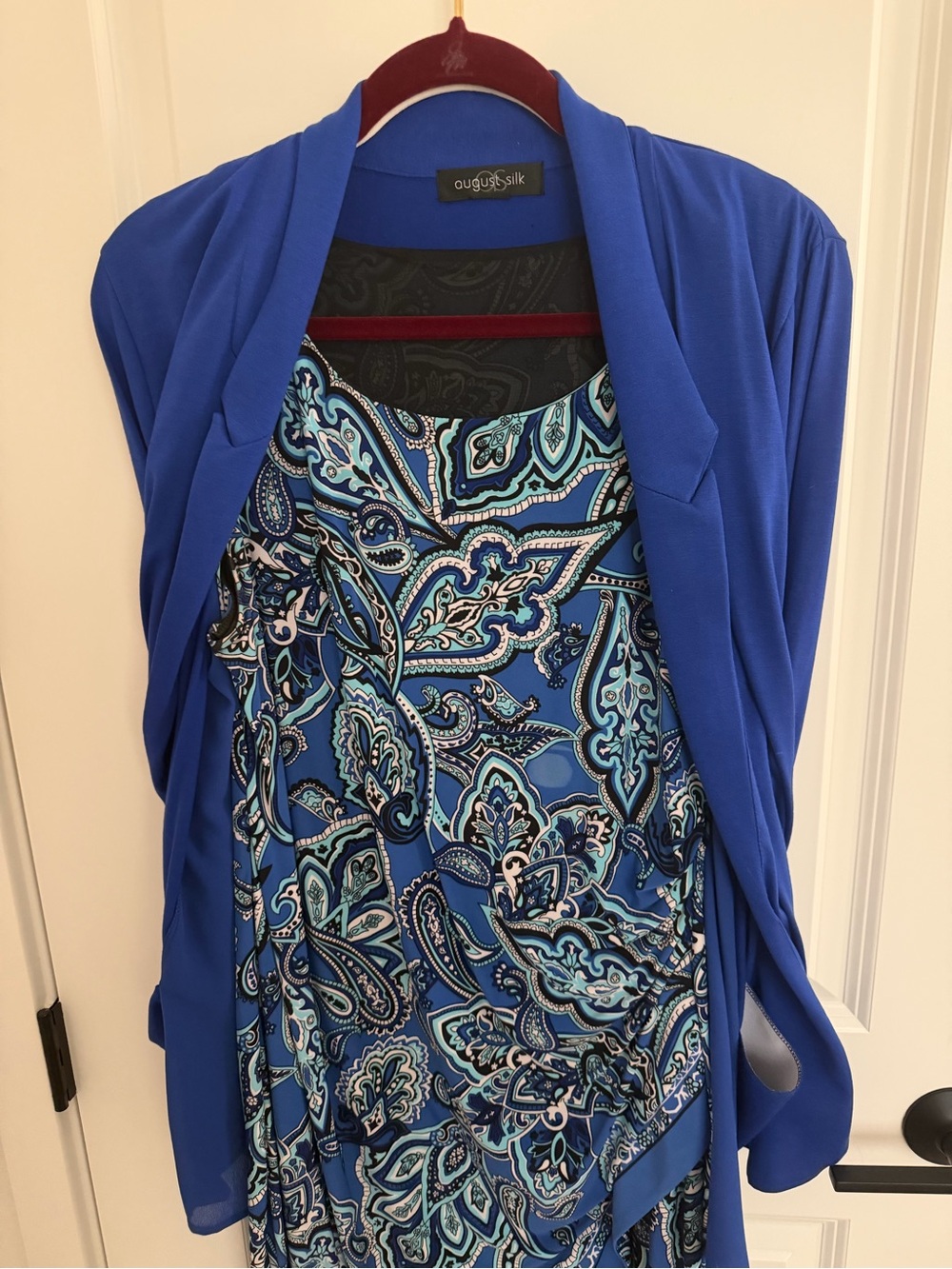 august silk blue paisley dress with cobalt drape cardigan